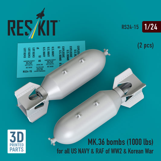 ResKit RS24-0015 1:24 MK.36 Bombs (1000 lbs) for all US NAVY & RAF of WW2 & Korean War (2pcs)