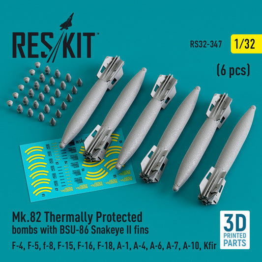 ResKit RS32-0347 1:32 Mk-82 Thermally Protected Bombs with BSU-86 Snakeeye II Fins (4pcs)
