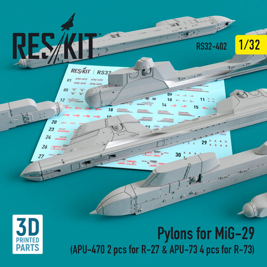 ResKit RS32-0402 1:32 Pylons for Mikoyan MiG-29 (APU-470 2 pcs for R-27 & APU-73 4 pcs for R-73)