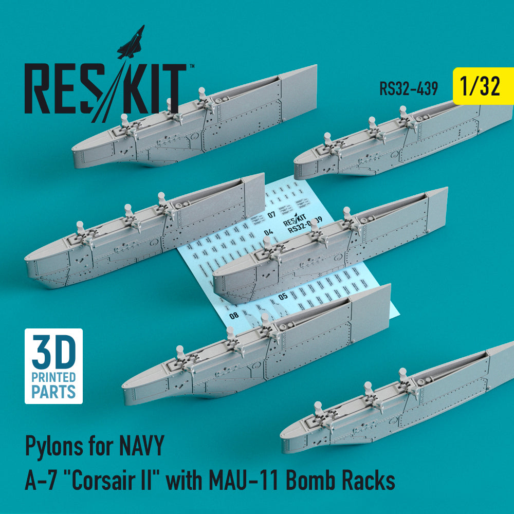 ResKit RS32-0439 1:32 Pylons for NAVY LTV A-7D Corsair II with MAU-11 Bomb Racks (3D-Printed)