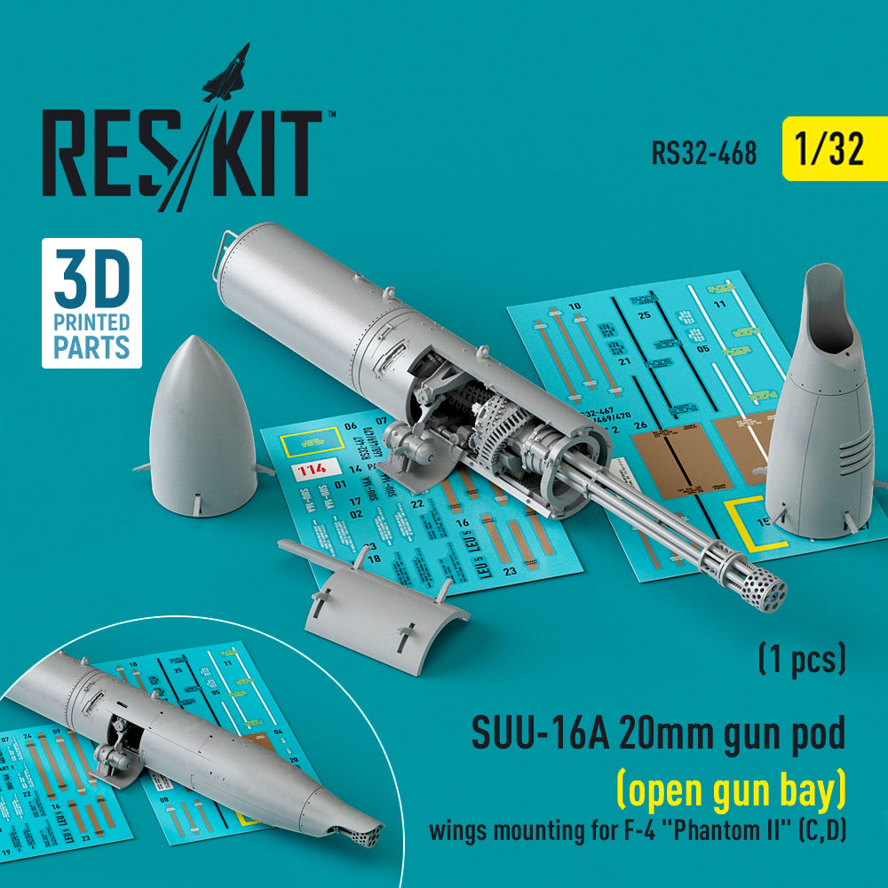 ResKit RS32-0468 1:32 SUU-16A 20mm gun pod (open gun bay) wings mounting for F-4 Phantom II' (C,D) (1 pc) (3D-Printed)
