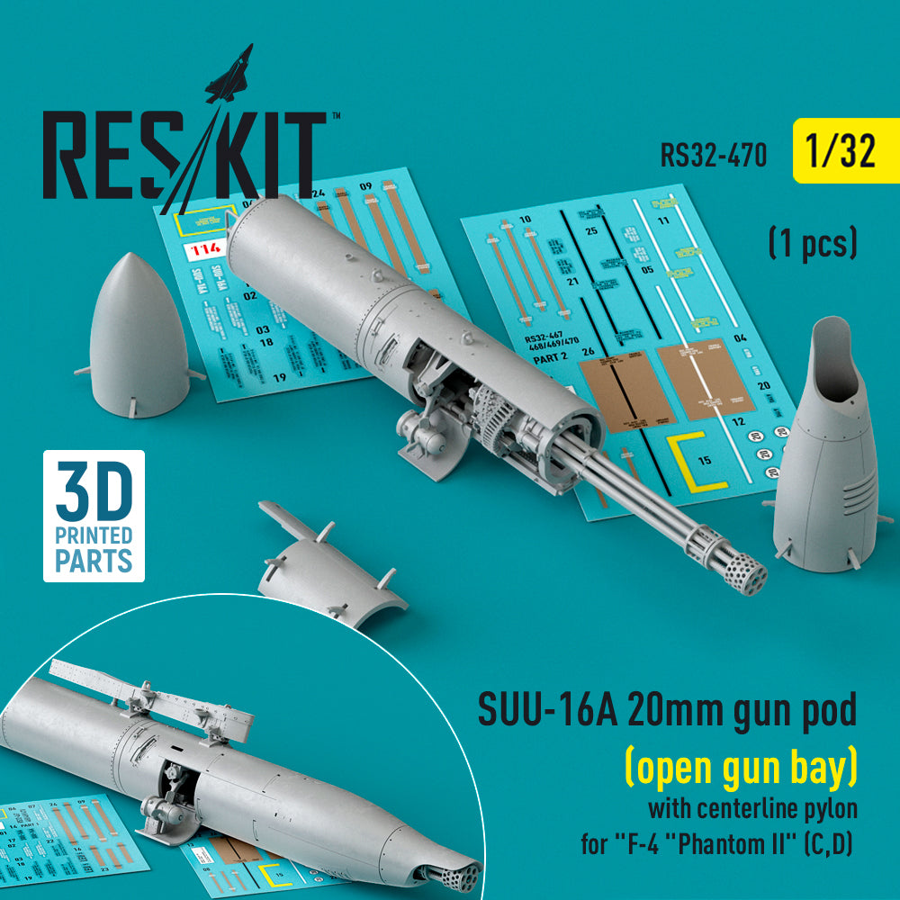ResKit RS32-0470 1:32 SUU-16A 20mm gun pod (open gun bay) with centerline pylon for 'McDonnell F-4C/F-4D Phantom II (1 pc) (3D-Printed)