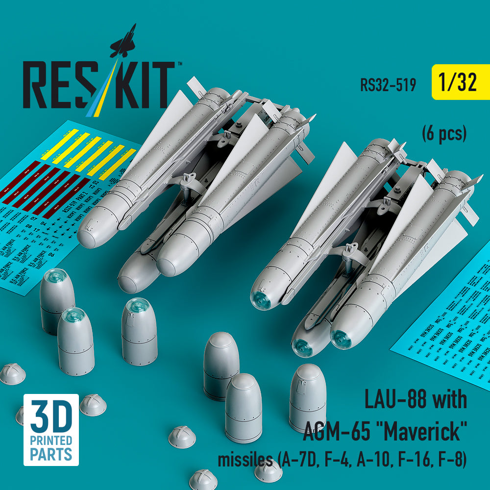 ResKit RS32-0519 1:32 LAU-88 with (2 pcs) AGM-65 'Maverick' Missiles (6 pcs) 3D-Printed
