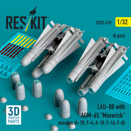 ResKit RS32-0519 1:32 LAU-88 with (2 pcs) AGM-65 'Maverick' Missiles (6 pcs) 3D-Printed