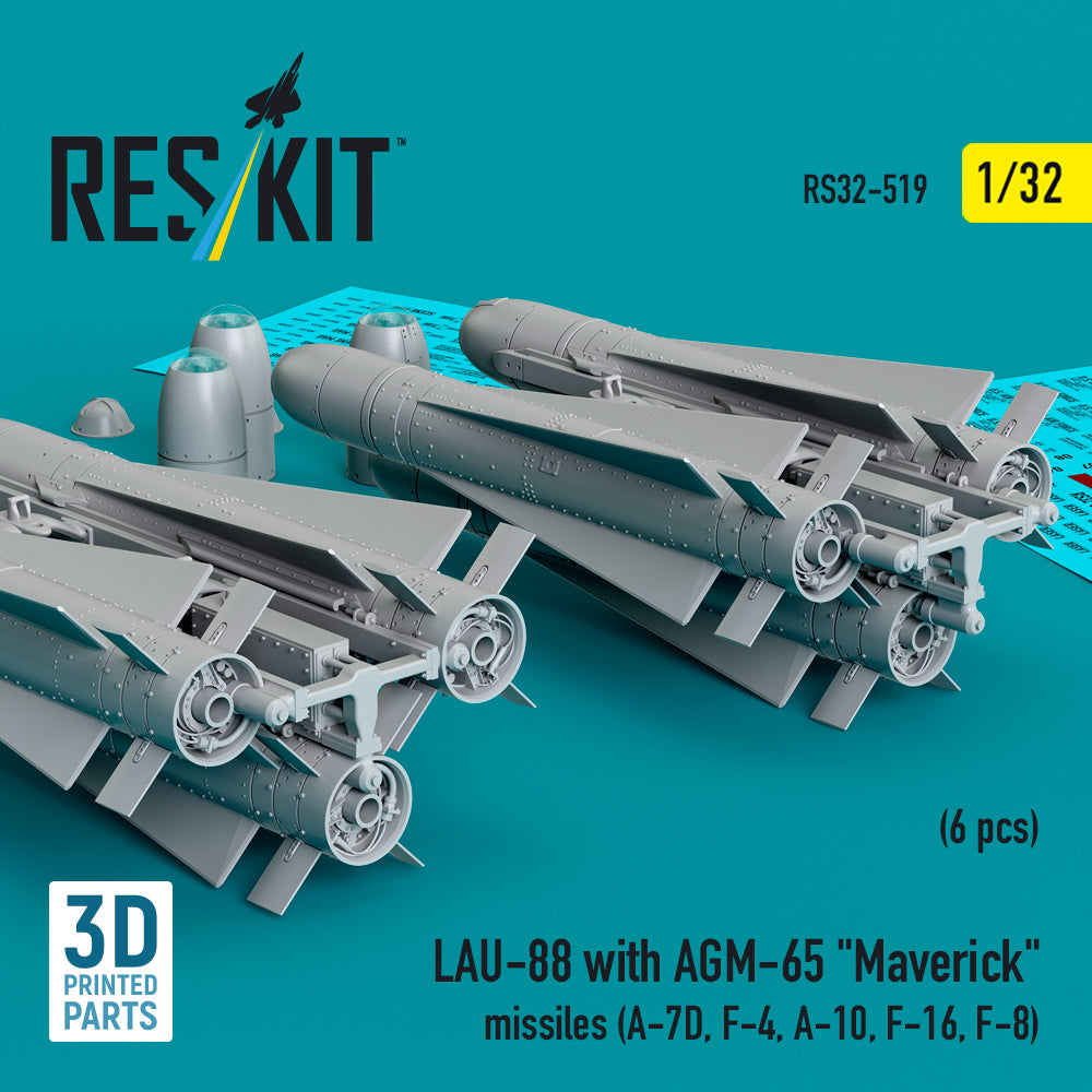 ResKit RS32-0519 1:32 LAU-88 with (2 pcs) AGM-65 'Maverick' Missiles (6 pcs) 3D-Printed