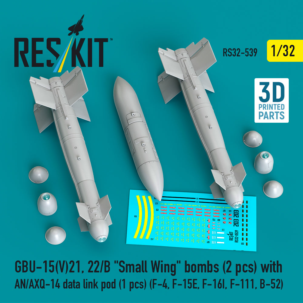 ResKit RS32-539 1:32 GBU-15(V)21, 22/B 'Small Wing' bombs (2 pcs) with AN/AXQ-14 data link pod (1 pcs)