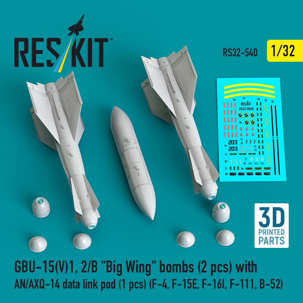 ResKit RS32-540 1:32 GBU-15(V)1, 2/B 'Big Wing' bombs (2 pcs) with AN/AXQ-14 data link pod (1 pcs)