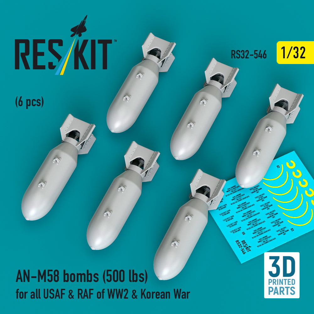 ResKit RS32-546 1:32 AN-M58 bombs (500 lbs) for all USAF & RAF of WW2 & Korean War (6 pcs) 3D-Printed