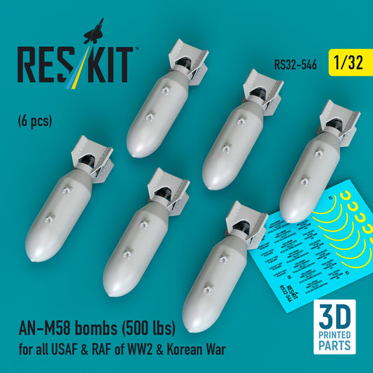 ResKit RS32-546 1:32 AN-M58 bombs (500 lbs) for all USAF & RAF of WW2 & Korean War (6 pcs) 3D-Printed