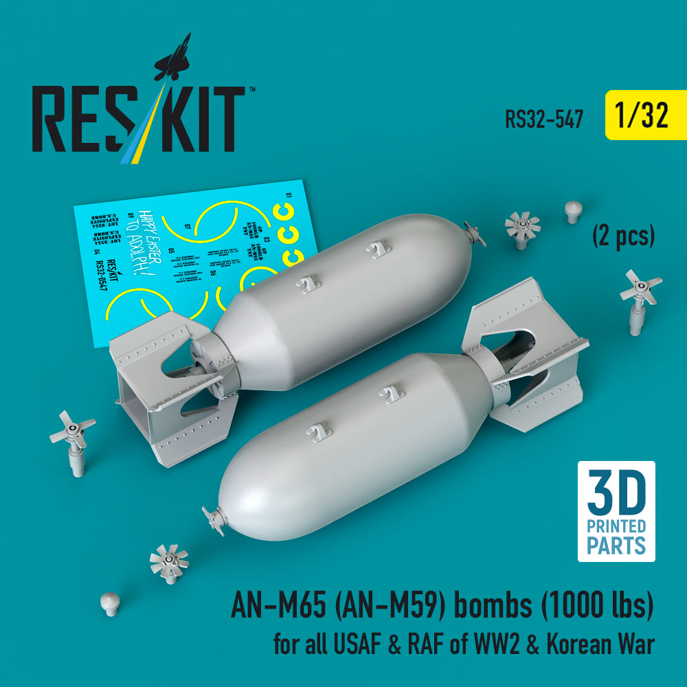 ResKit RS32-547 1:32 AN-M65 (AN-M59) bombs (1000 lbs) for all USAF & RAF of WW2 & Korean War (2 pcs)