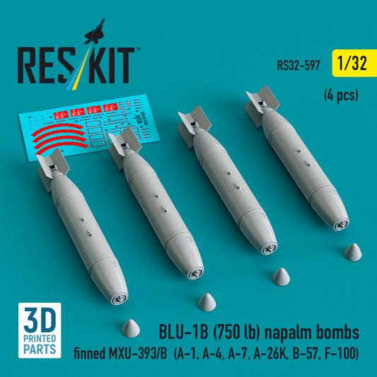 ResKit RS32-597 1:32 BLU-1B (750 lb) napalm bombs finned MXU-393/B (4 pcs)