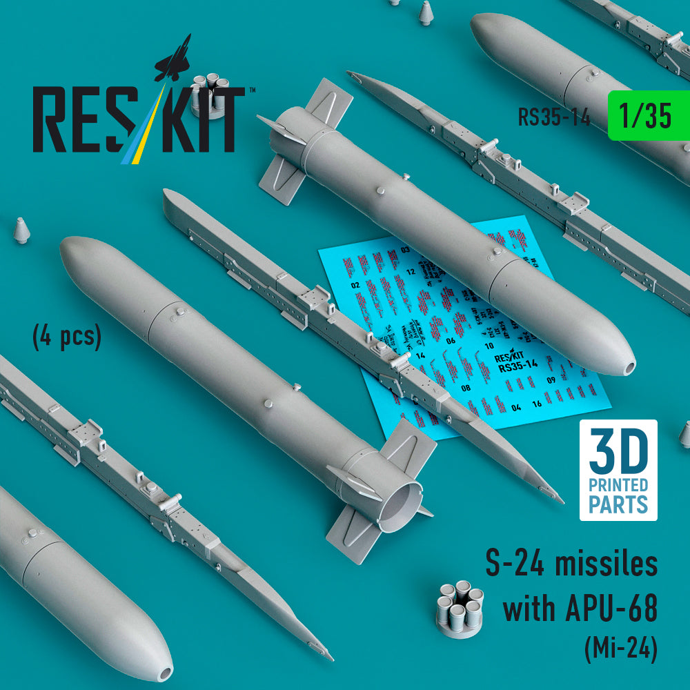 ResKit RS35-14 1:35 S-24 missiles with APU-68 (4 pcs) (Mi-24) (3D Printed)