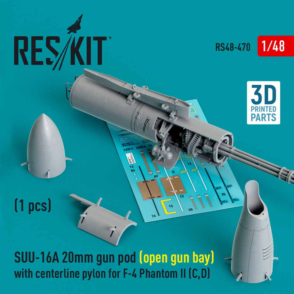 ResKit RS48-0470 1:48 SUU-16A 20mm gun pod (open gun bay) with centerline pylon for F-4 Phantom II (C,D)