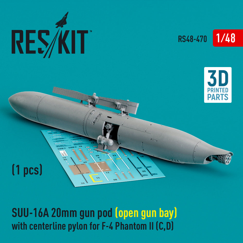 ResKit RS48-0470 1:48 SUU-16A 20mm gun pod (open gun bay) with centerline pylon for F-4 Phantom II (C,D)