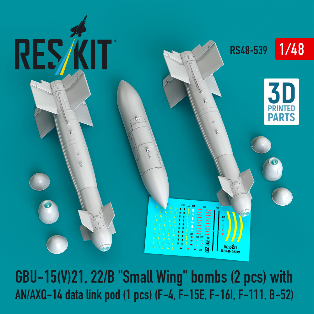 ResKit RS48-0539 1:48 GBU-15(V)21, 22/B  Small Wing  bombs (2 pcs) with AN/AXQ-14 data link pod (1 pcs)