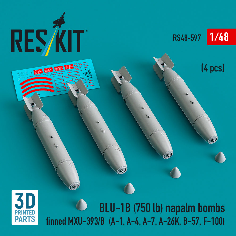 ResKit RS48-597 1:48 BLU-1B (750 lb) napalm bombs finned MXU-393/B (4 pcs)