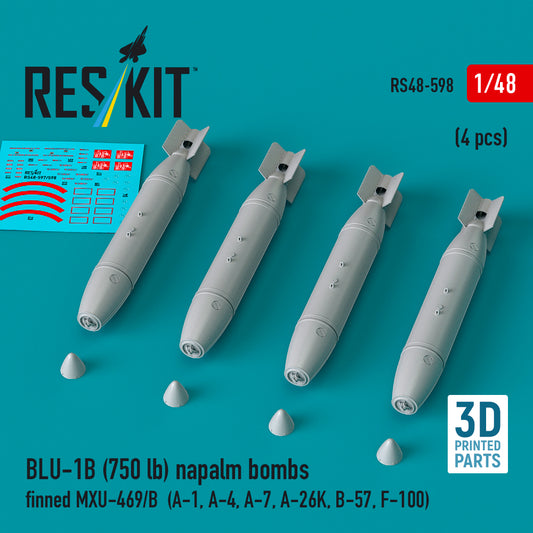 ResKit RS48-598 1:48 BLU-1B (750 lb) napalm bombs finned MXU-469/B (4 pcs)
