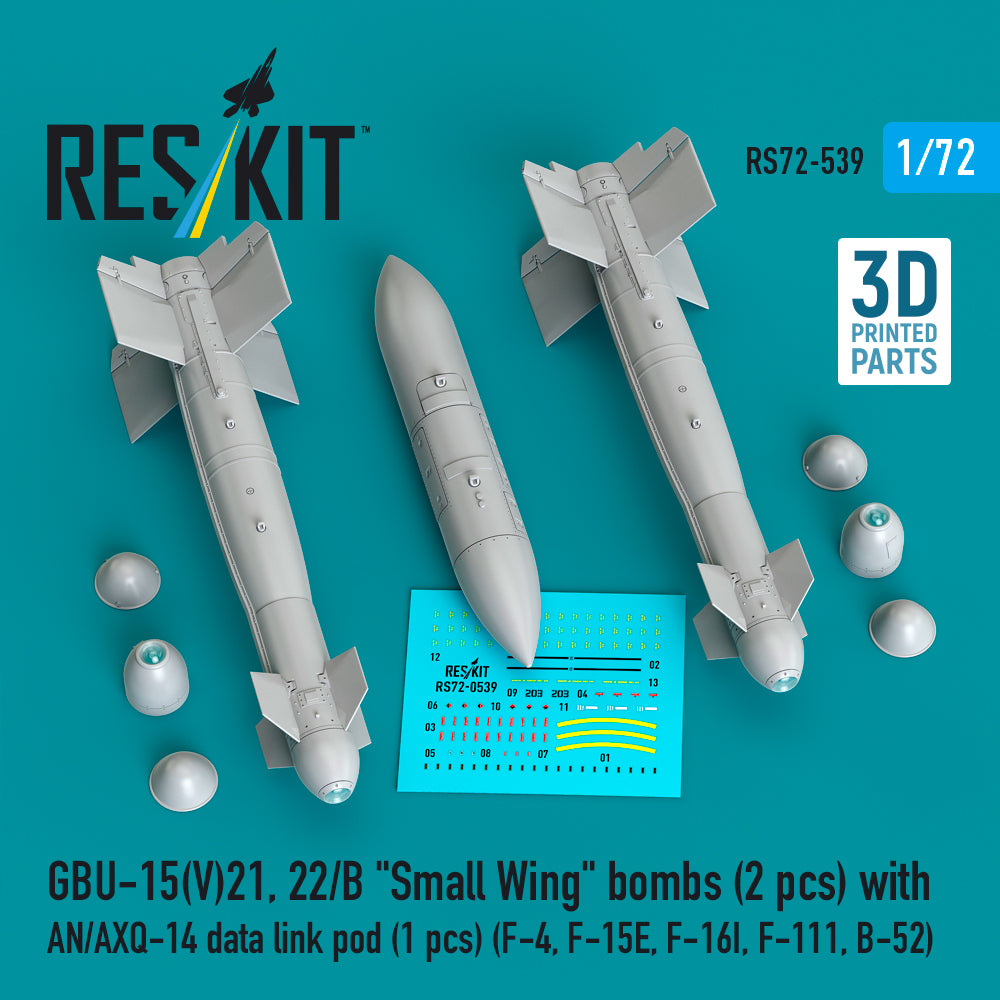 ResKit RS72-539 1:72 GBU-15(V)21,22/B 'Small Wing' bombs (2 pcs) with AN/AXQ-14 data link pod (1 pcs)