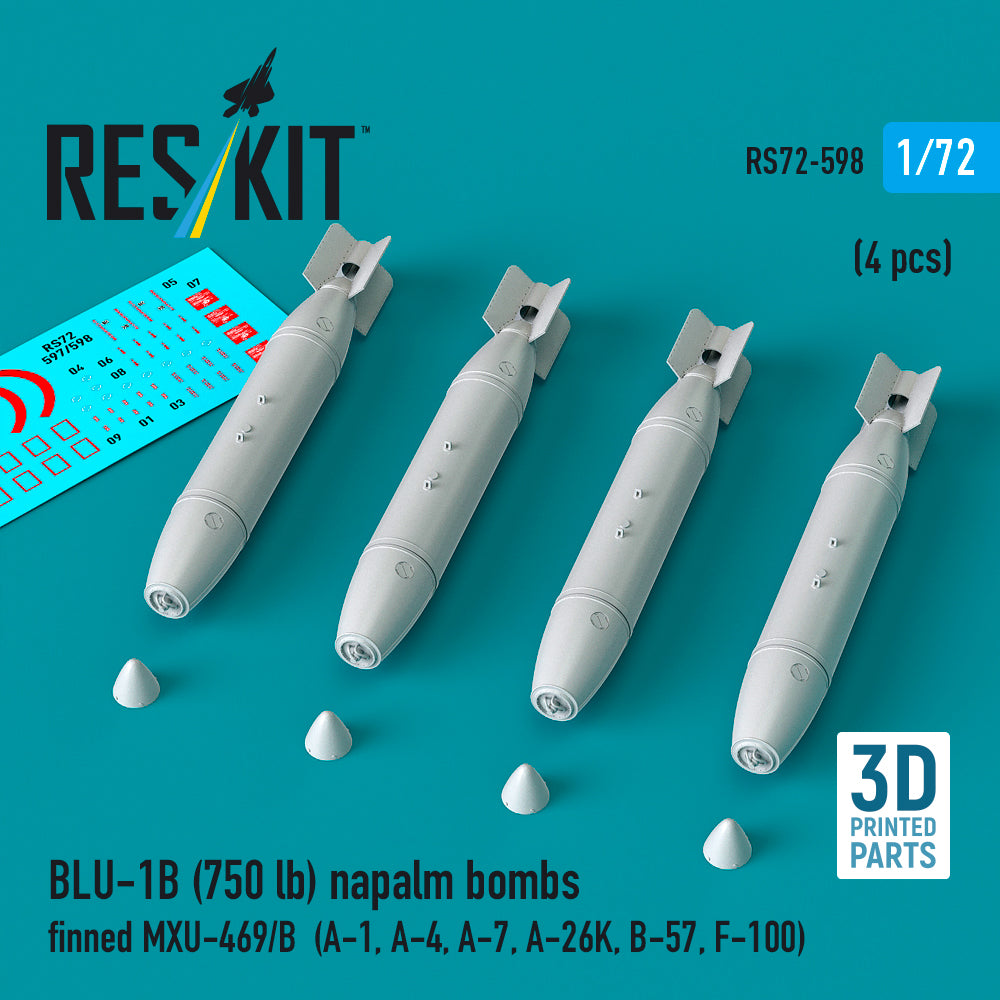 ResKit RS72-598 1:72 BLU-1B (750lb) napalm bombs finned MXU-469/B (4 pcs)