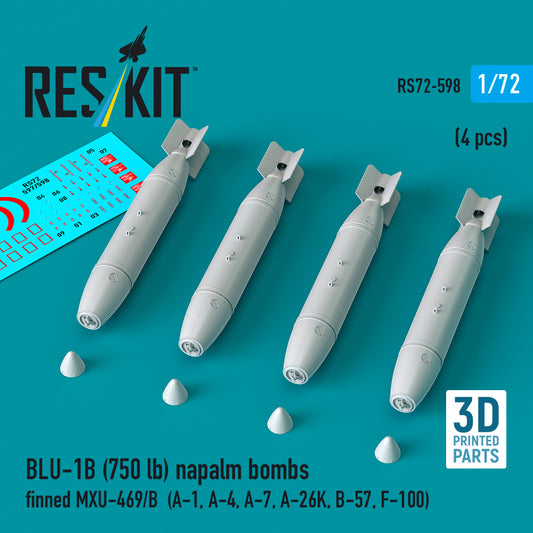 ResKit RS72-598 1:72 BLU-1B (750lb) napalm bombs finned MXU-469/B (4 pcs)