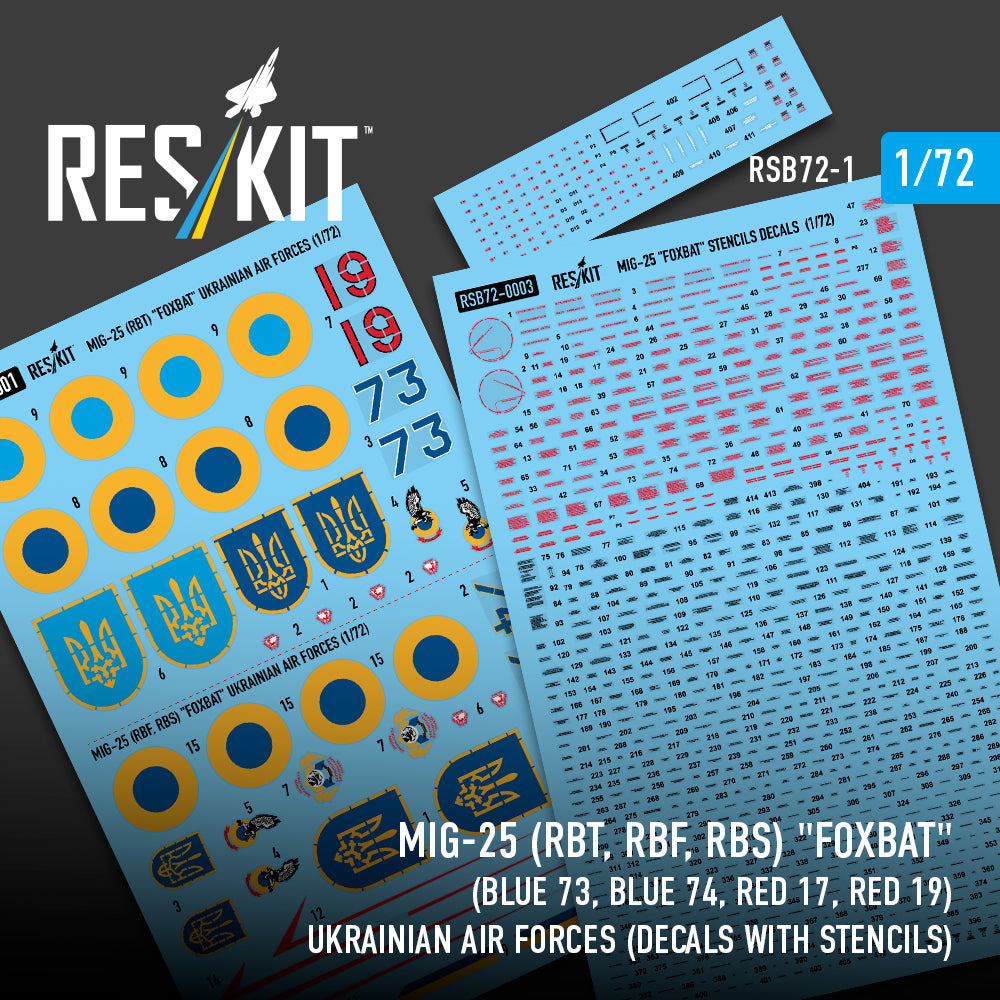 ResKit RSB72-1 1:72 Mikoyan MiG-25 (RBT, RBF, RBS) 'Foxbat' (Blue 73, Blue 74, Red 17, Red 19) Ukrainian Air Forces (Decals with Stencils)