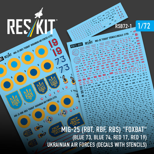 ResKit RSB72-1 1:72 Mikoyan MiG-25 (RBT, RBF, RBS) 'Foxbat' (Blue 73, Blue 74, Red 17, Red 19) Ukrainian Air Forces (Decals with Stencils)