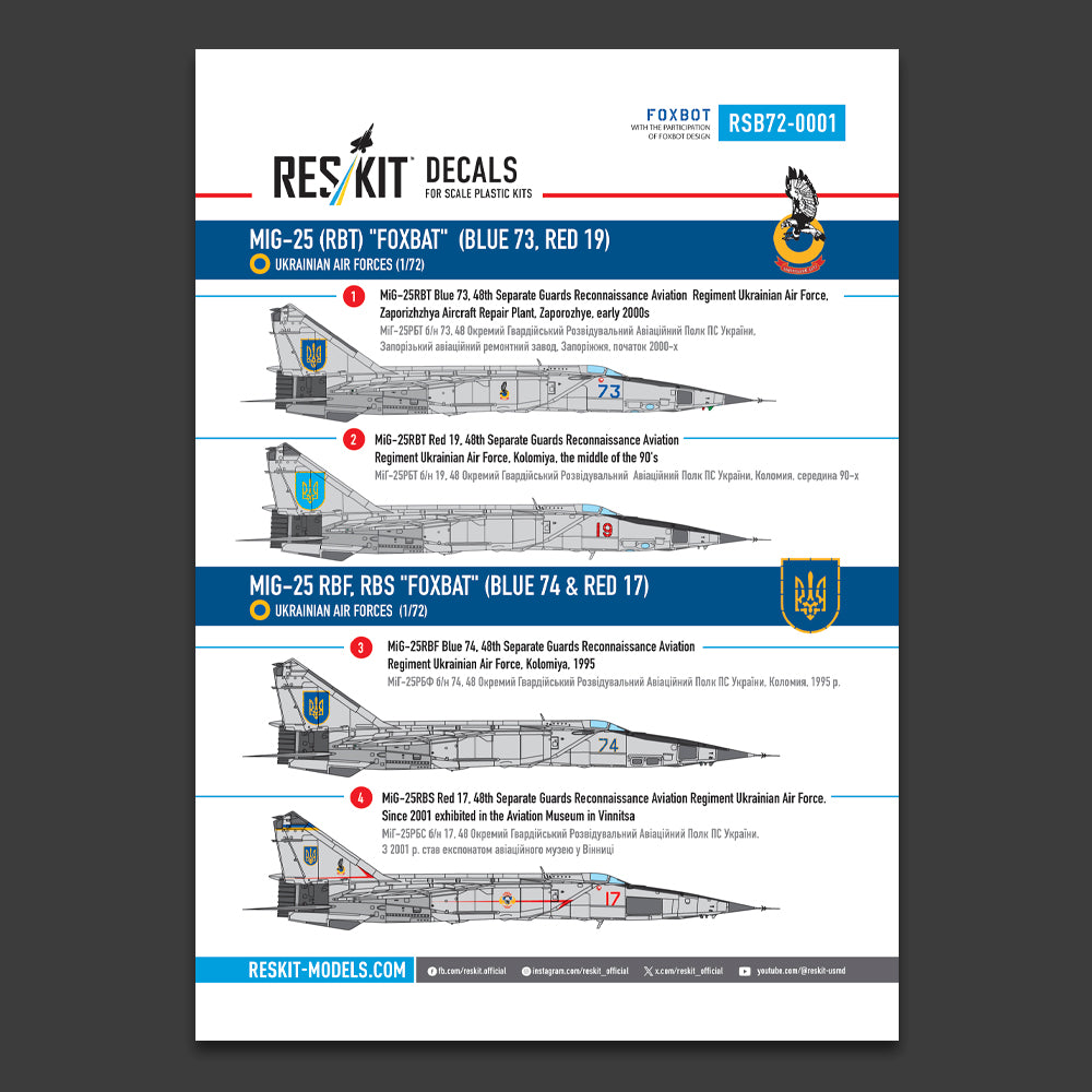 ResKit RSB72-1 1:72 Mikoyan MiG-25 (RBT, RBF, RBS) 'Foxbat' (Blue 73, Blue 74, Red 17, Red 19) Ukrainian Air Forces (Decals with Stencils)