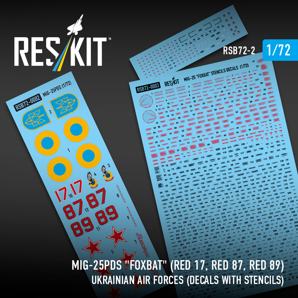 ResKit RSB72-0002 1:72 Mikoyan MiG-25PDS 'Foxbat' (Red 17, Red 87, Red 89) Ukrainian Air Forces (Decals with Stencils)