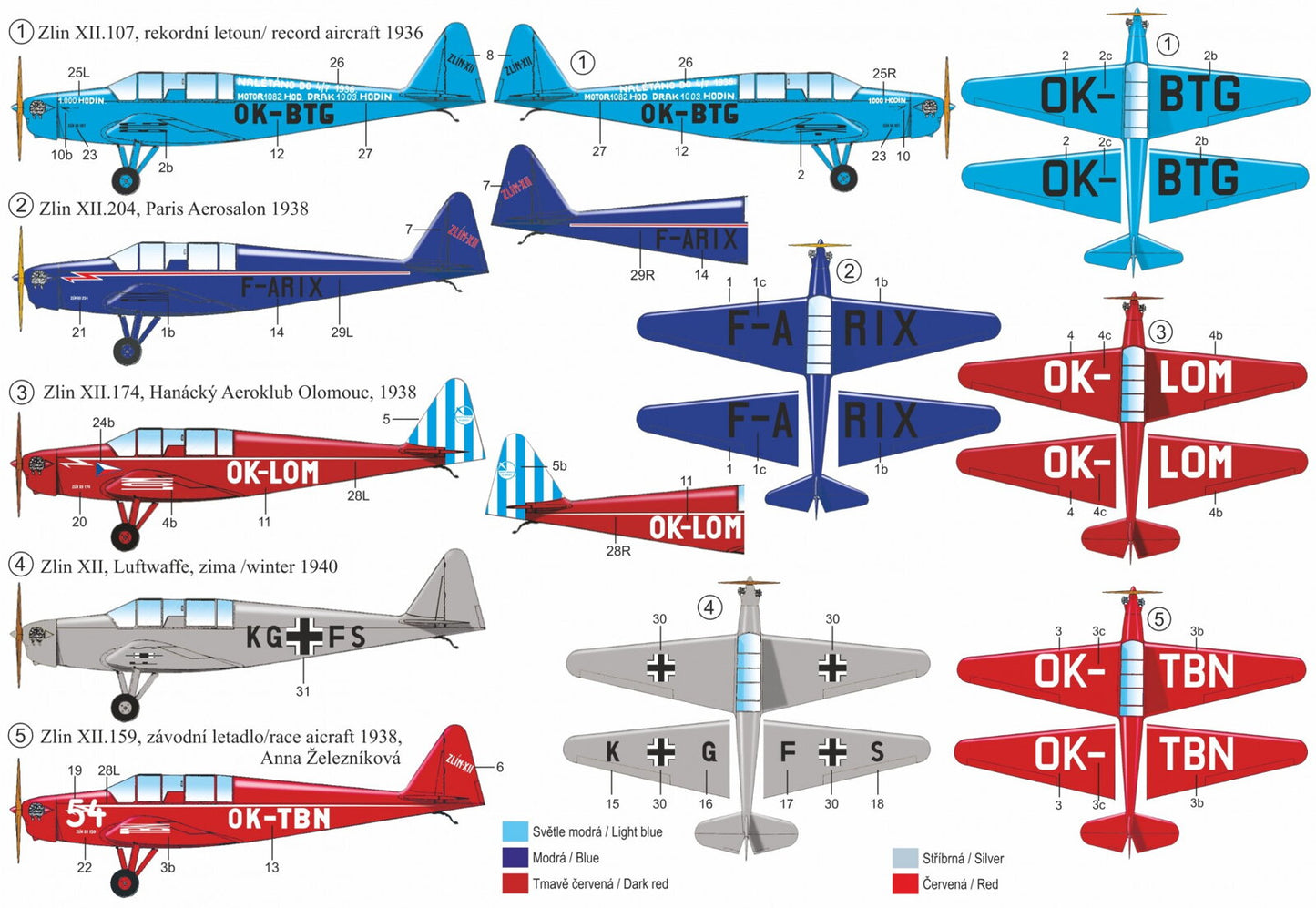 RS Models RSMI92107 1:72 Zlin Z-XII 5 decal variants for Czech civil aircraft and Luftwaffe