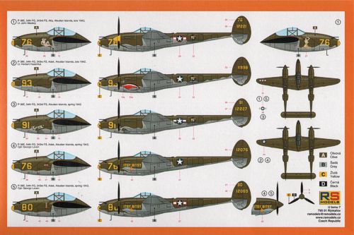 RS Models 92141 1:72 Lockheed P-38E 'Aleutian Lightning' 5 decal variants
