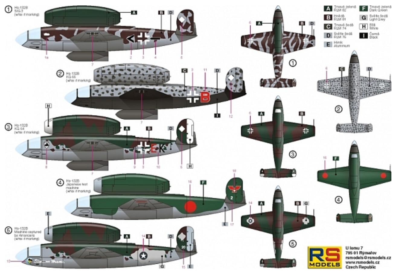 RS Models 92154 1:72 Henschel Hs-132B with Jumo 004 engine and extra cannon 5 decal variants