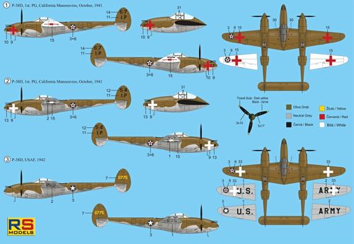 RS Models 92155 1:72 Lockheed P-38D Lightning 3 decal variants for USA