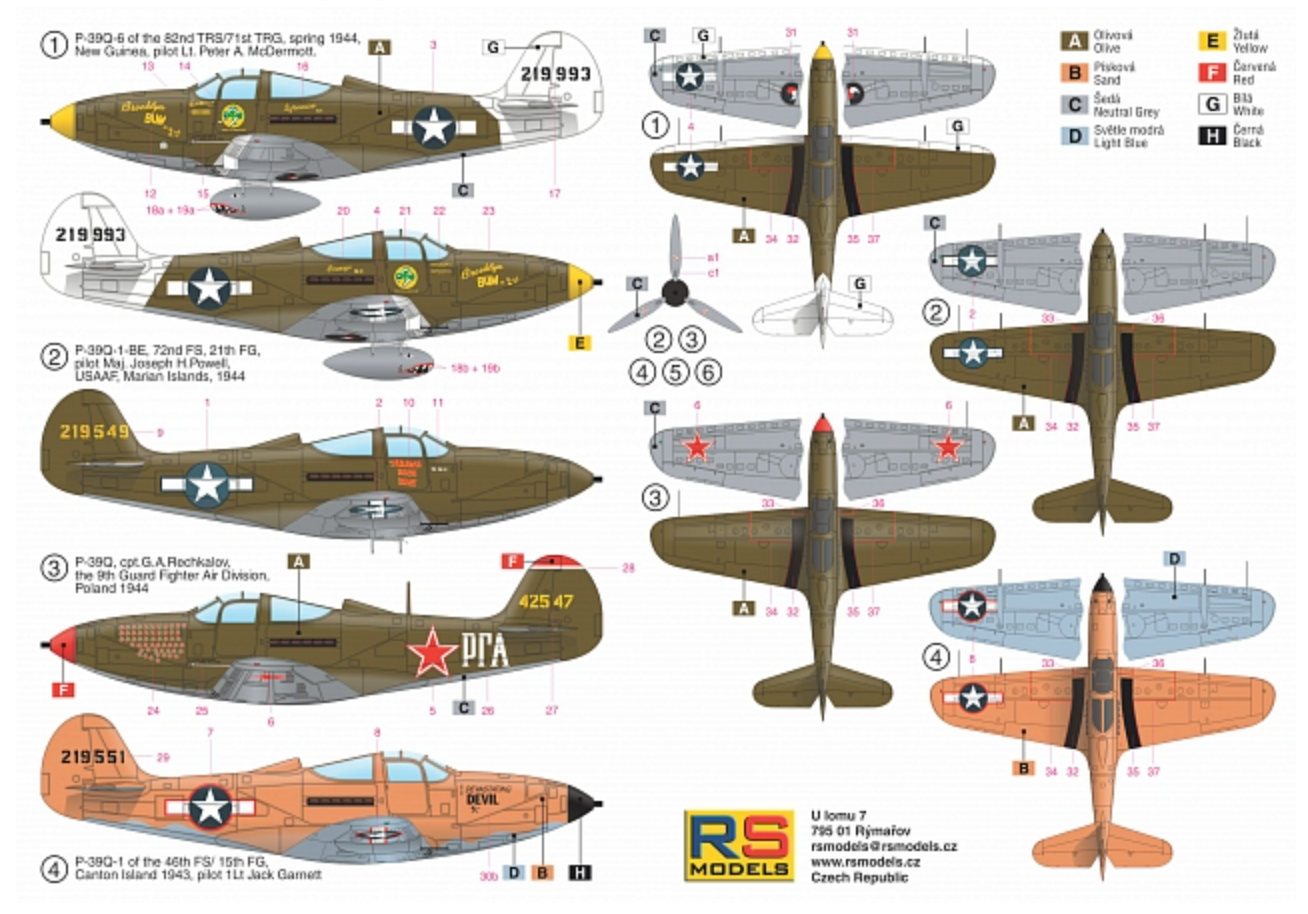 RS Models 92182 1:72 Bell P-39Q Airacobra 4 decal variants