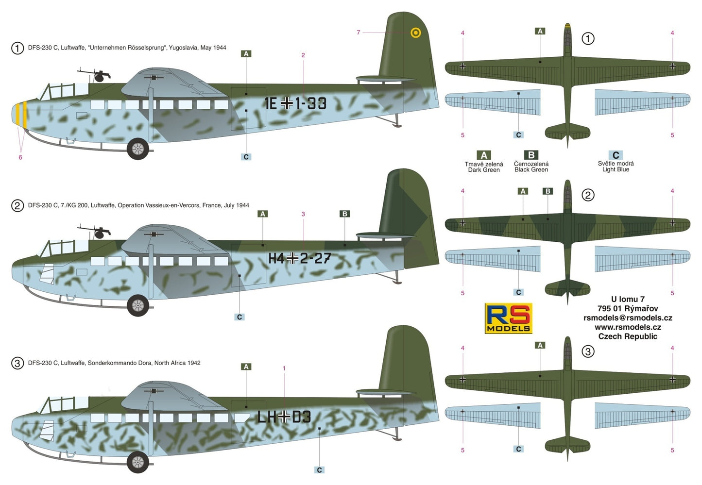 RS Models 92187 1:72 DFS DFS-230 'Unternehemen Rosselsprung' 3 decal variants