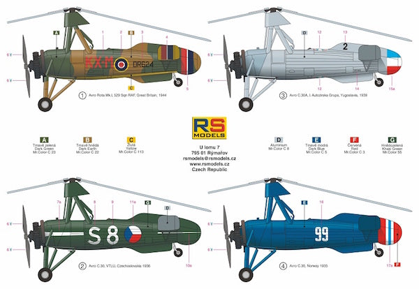 RS Models 92188 1:72 Avro Rota C.30 Decals RAF, Yugoslavia, Norway and Czechoslovakia