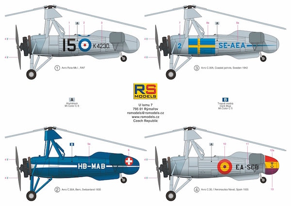 RS Models 92189 1:72 Avro Rota Mk.I/C.30A Decals RAF, Sweden, Switzerland and Spain