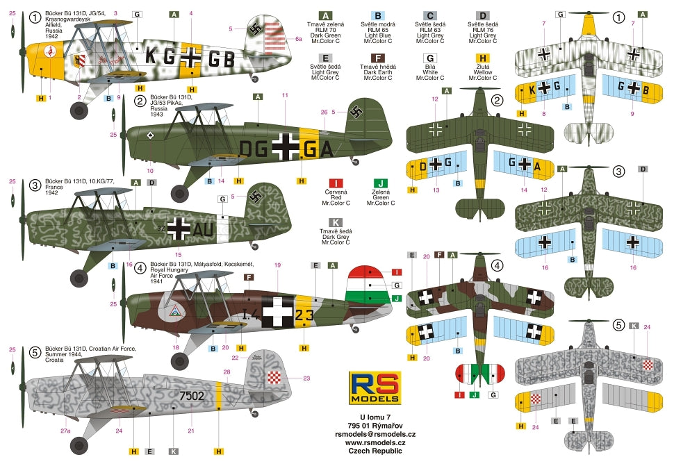 RS Models 92193 1:72 Bucker Bu-131D Jungmann 5 decal variants
