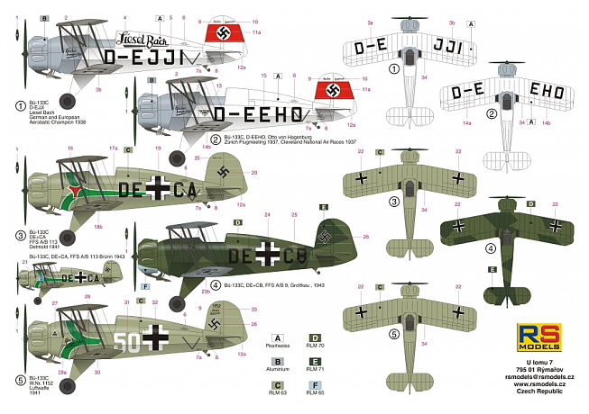 RS Models 92221 1:72 Bucker Bu-133C "Jungmeister" Luftwaffe and Germany x 5 schemes