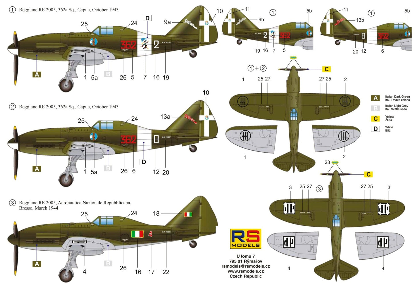 RS Models 92256 1:72 Reggiane Re.2005	3 decal v. for Italy, ANR