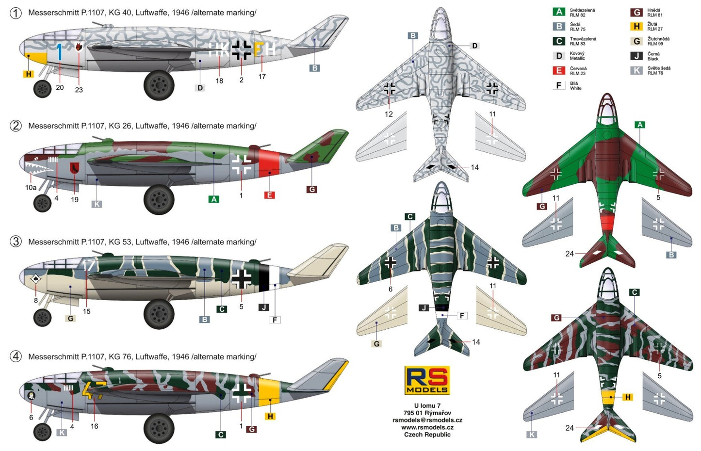 RS Models 92259 1:72 Messerschmitt P.1107 4 decal versions for Luftwaffe