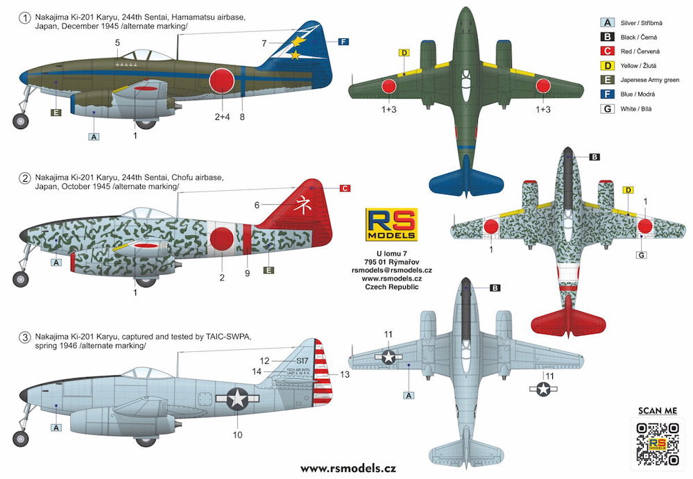 RS Models 92274 1:72 Nakajima Ki-201 'Karyu' 3 decal v. for Japan, USA