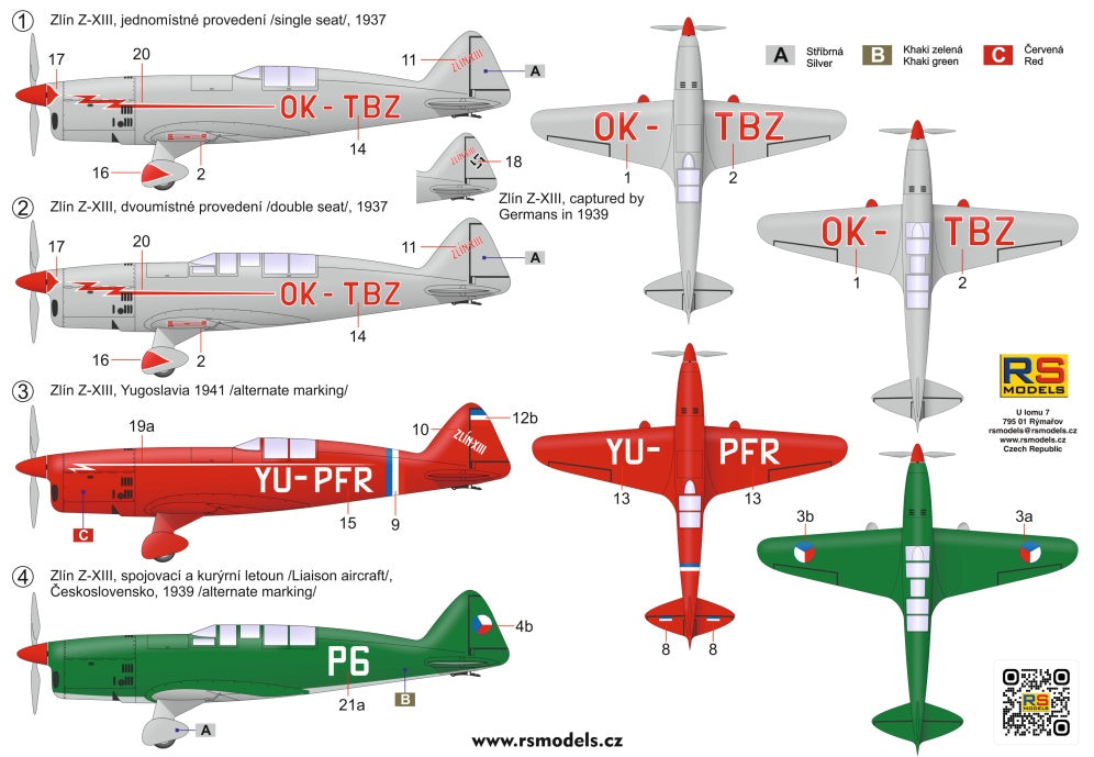 RS Models 92283 1:72 Zlin Z-XIII (2 kits in box) OK-TBZ x 2, YU-PFR, and P6. Single seat and twin seat aircraft