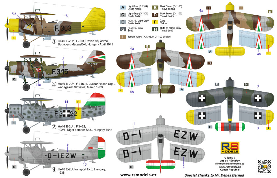 RS Models 92285 1:72 Heinkel He-46 E-2Un Hungarian reconnaissance Decals 4 x Hungary