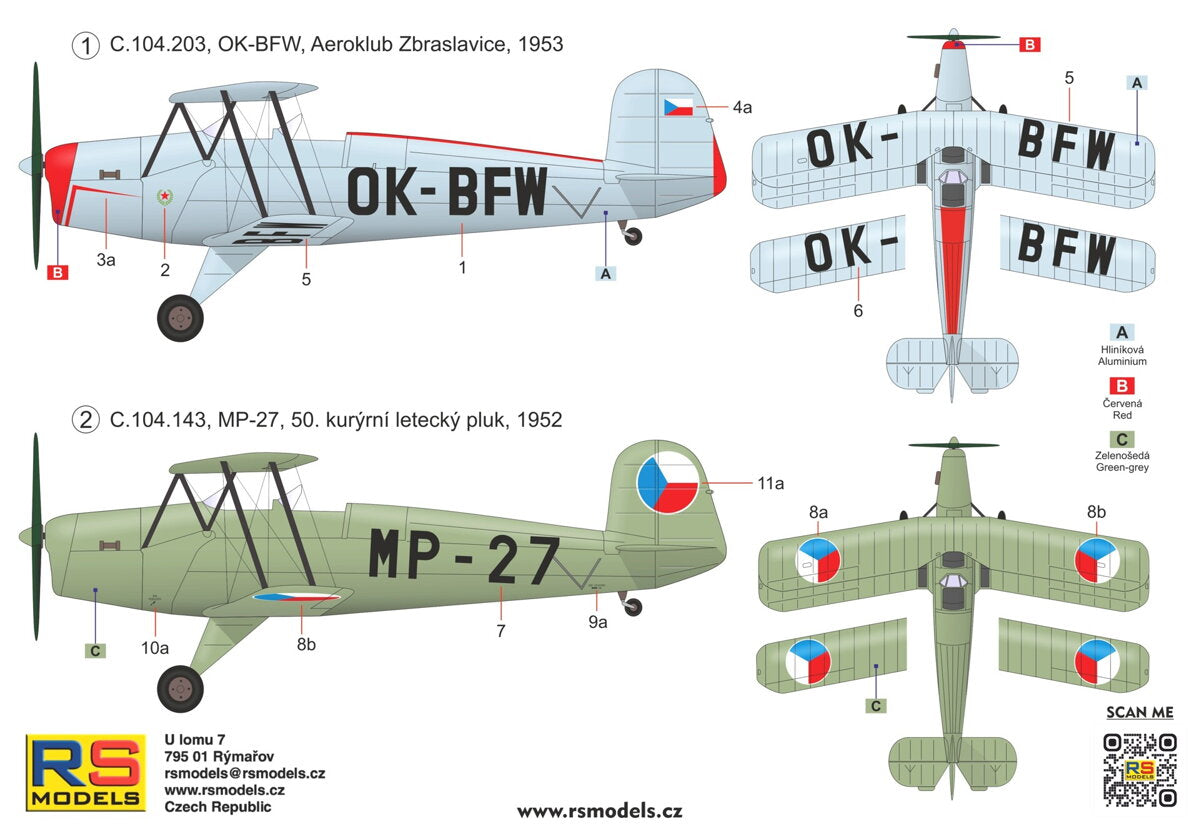 RS Models 94013 1:72 Aero C-104 2 decal v. for Czechoslovakia