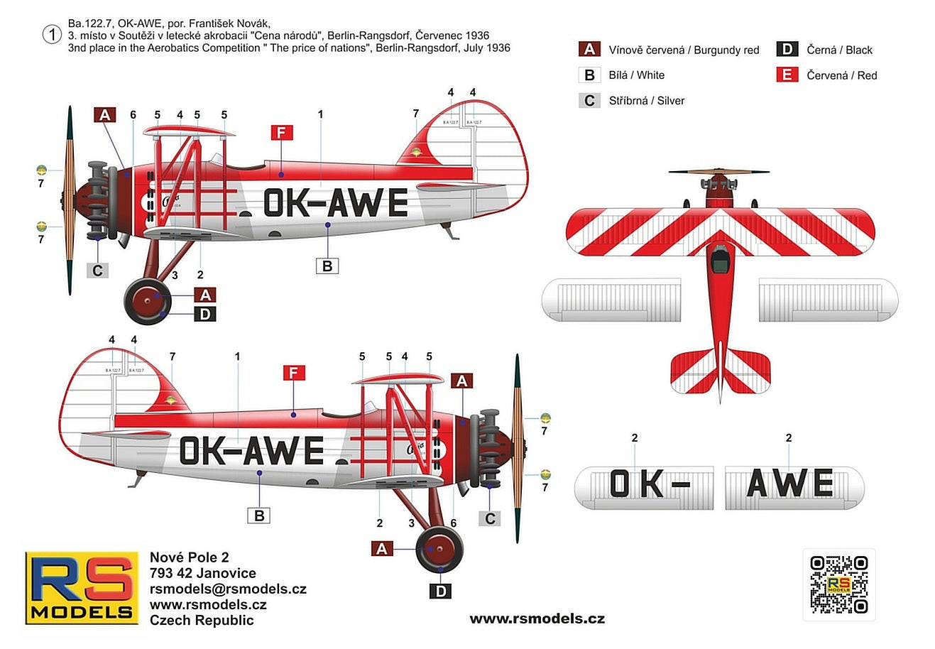 RS Models 94028 1:72 Avia Ba.122 OK-AWE Berlin 36 1 decal. version for Czechoslovakia RP+PE