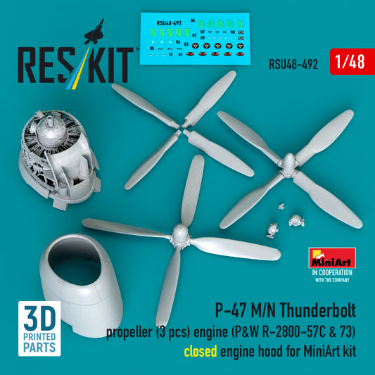 ResKit RSU48-0492 1:48 P-47 M/N Thunderbolt propeller (3 pcs), engine (P&W R-2800-57C & 73) closed engine hood