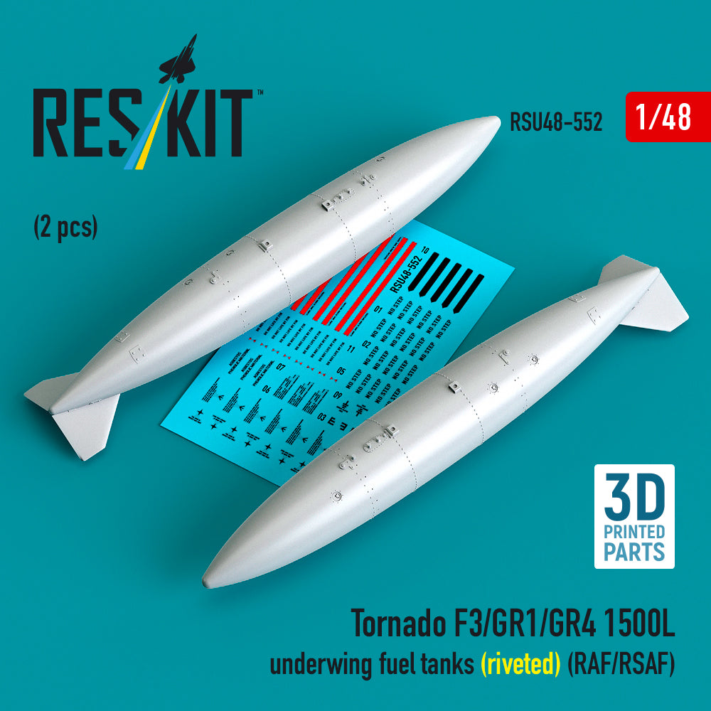 ResKit RSU48-552 1:48 Panavia Tornado F.3/GR.1/GR.4 1500L underwing fuel tanks (riveted) (RAF/RSAF) (2 pcs) (3D-Printed) (1/48)
