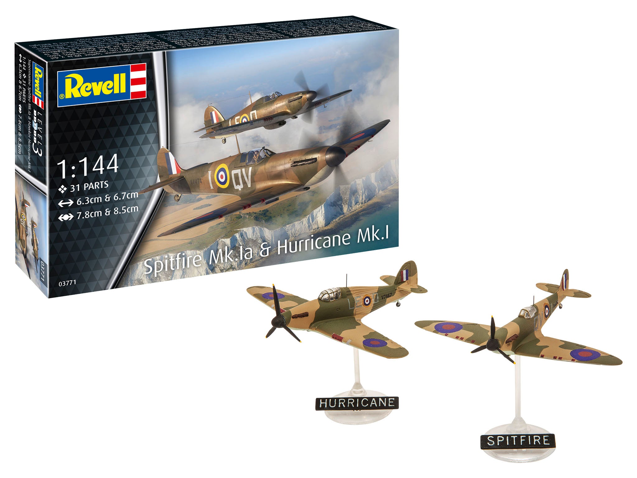 Revell Modellbau-Set: Supermarine Spitfire Mk.Ia & Hawker Hurricane Mk.I – Inkl. Ständer, Farben & Kleber