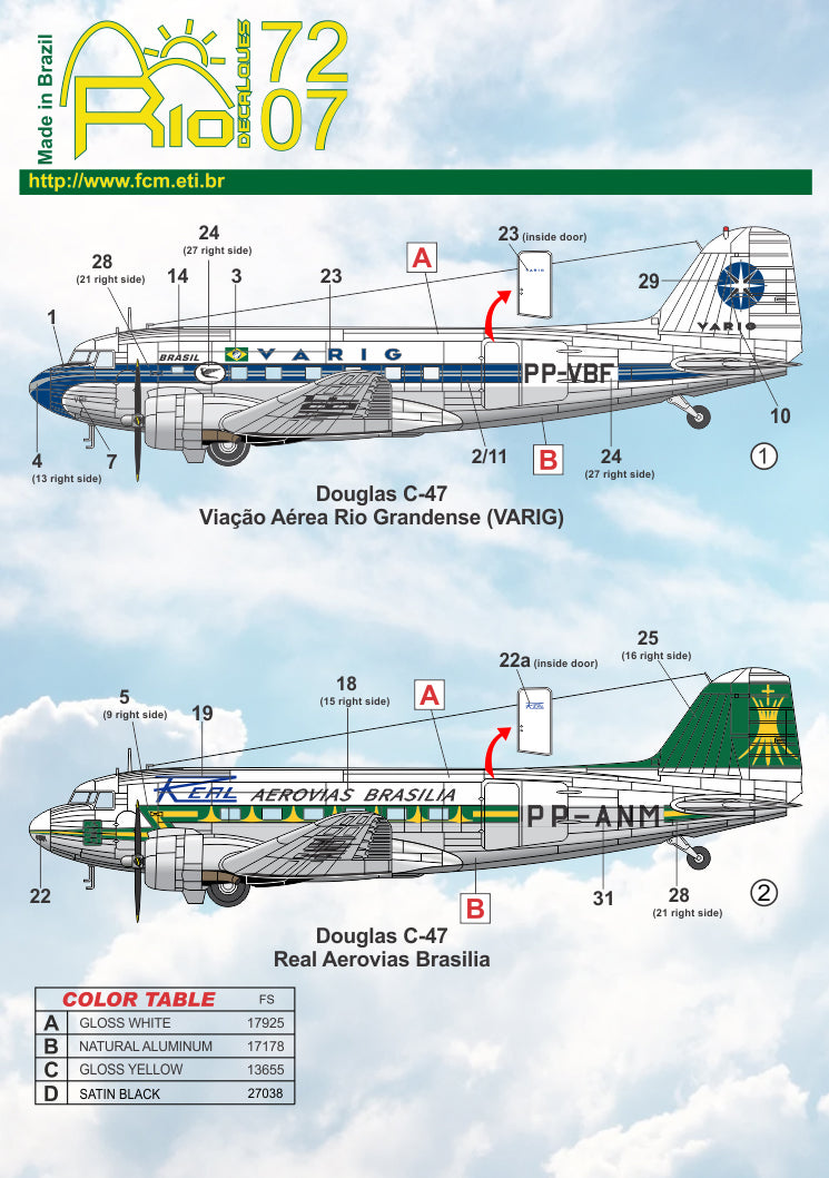 FCM RIO72007 1:72 Civil Douglas DC-3 / C-47 VARIG & REAL Aerovias Brasilia