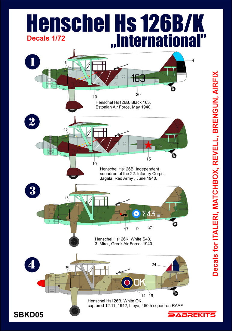 Sabre Kits SBKD05 1:72 Henschel Hs-126B/K 'International' (Estonia, Soviet Union, Greece, RAF)